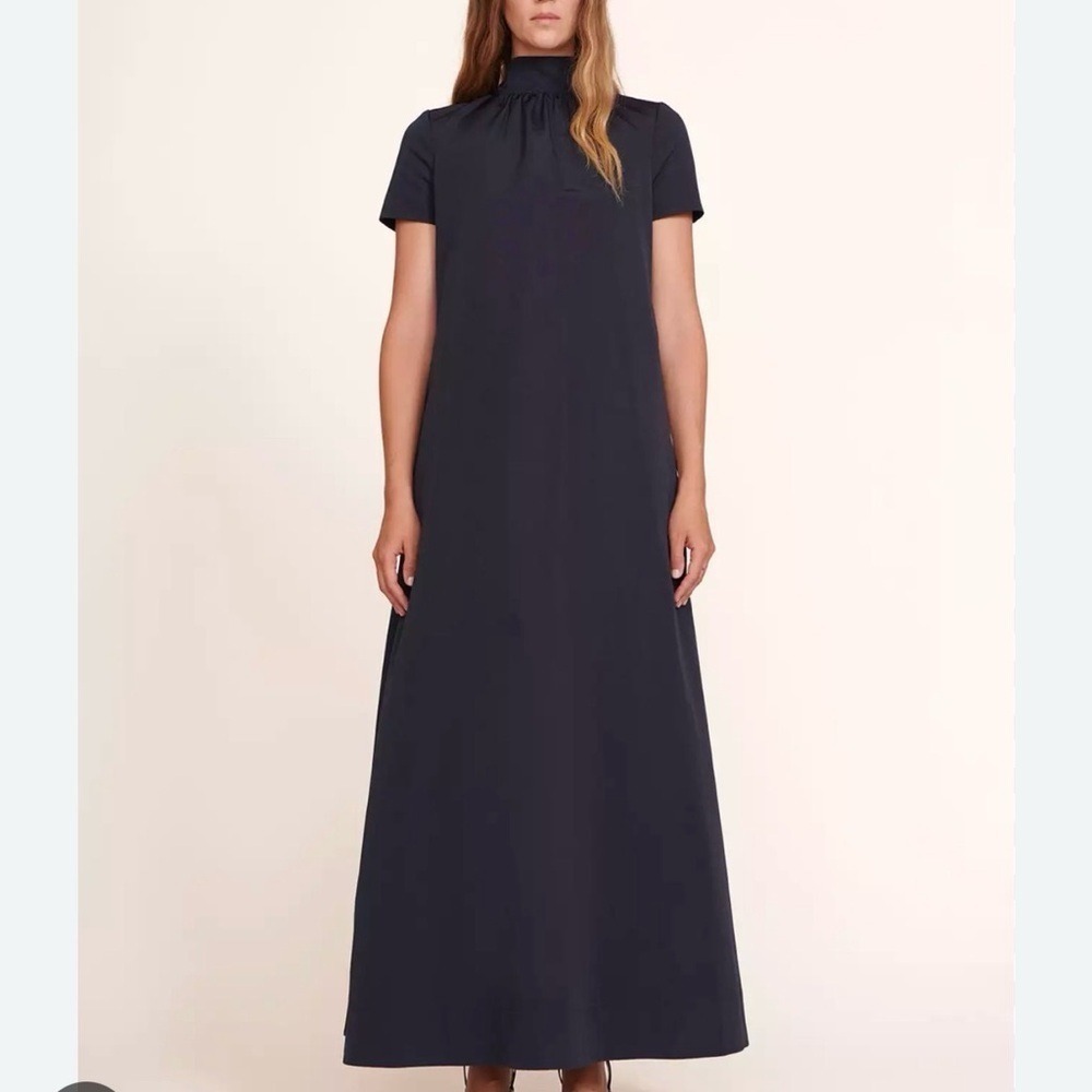 Staud Ilana Maxi Dress Navy Blue High Neck Open Back Tie Cotton Poplin 141-7409A